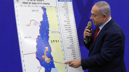 Benjamin Netanyahu durante el anuncio de su promesa electoral en septiembre de 2019 de anexar parte de Cisjordania al territorio de Israel
