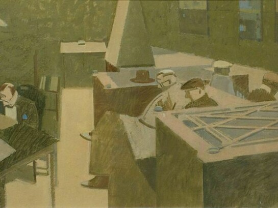 Michael Upton, Hackney Library 1, oil on board, 35 x 71 cm