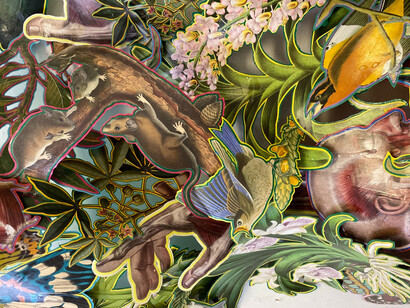 Patrick Turk, From the Anthropocosmos Series, 2020, hand-cut paper collage, acrylic