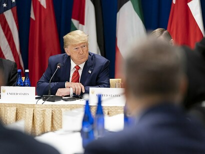 President Donald J. Trump, accompanied by Secretary of State Mike Pompeo (pictured left), attends a regional coordination meeting on the Middle East Strategic Alliance on Tuesday, September 24, 2019, at the Lotte New York Palace Hotel in New York City, USA