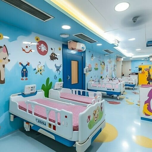A cheerful pediatric ward featuring vibrant balloons and colorful wall art, offering a family-friendly space for young patients
