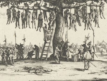 Jacques Callot, 1633. El ahorcamiento, un grabado de la serie: «Las grandes miserias de la guerra» (detalle)