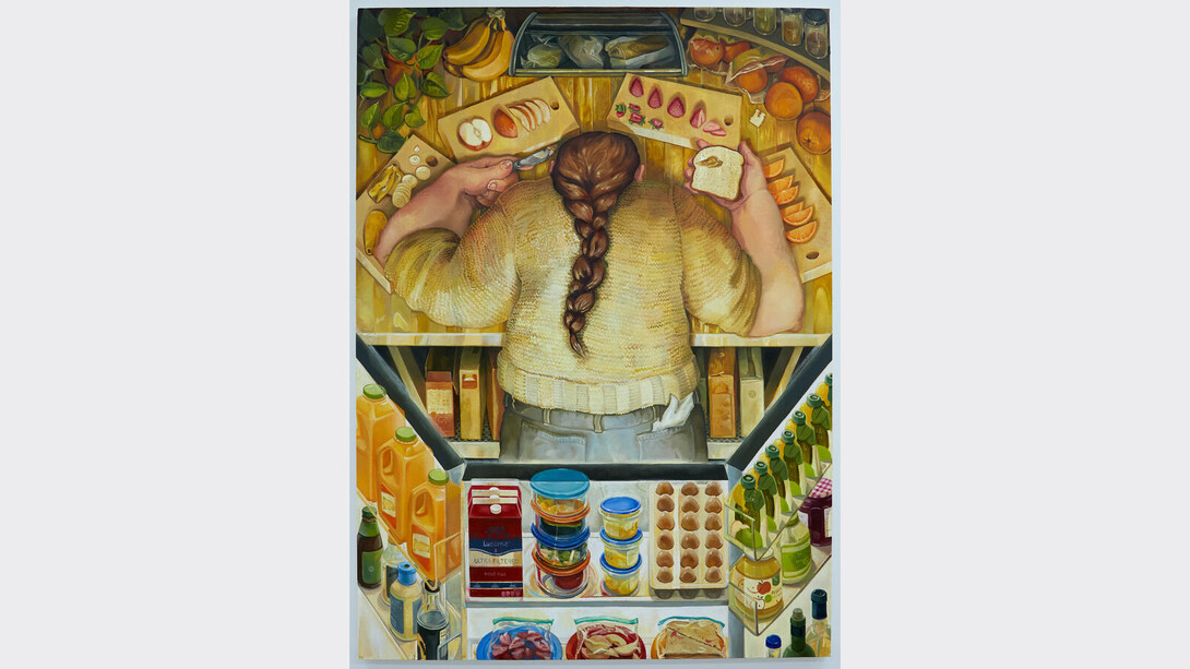Erin Milez, The Conductor, 2023. Oil, acrylic, and flashe on canvas, 55 by 40 inches. Courtesy of Monya Rowe Gallery