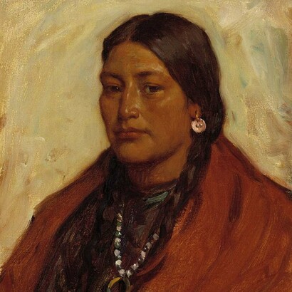 Joseph Henry Sharp, "Escudo medicinal, cuervo squaw", óleo sobre lienzo, 1906