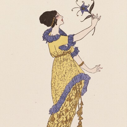 « La Fleur merveilleuse » plaque de mode illustrant une robe de Jacques Doucet (1914)