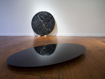 Leyden Rodriguez-Casanova. Round Faux Marble, 2014. Vinyl, wood, steel, 41 1/2 x 41 1/2 x 12 inches (105.41 x 105.41cms). Installation view