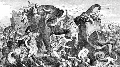 "La batalla de Gaza, 312 AC", ilustración publicada en "Historia ilustrada del mundo", 1881-1884