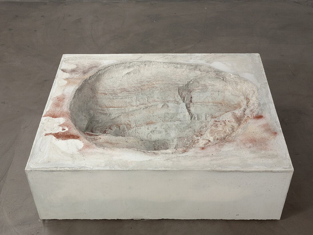 Anya Gallaccio, remind me to remind me, 2011, concrete and sand, 16 7/16 x 39 9/16 x 51 in. Courtesy of the artist, Annet Gelink Gallery, Amsterdam, Blum & Poe, Los Angeles, New York & Tokyo, Lehmann Maupin, New York & Hong Kong and Thomas Dane Gallery, London.