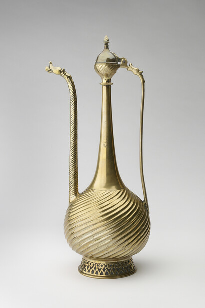 Ewer with Dragon Heads, Deccan, first half of 17th century, Brass, with traces of gilding, H. 20⅛ in. (51 cm), W. 7⅞ in. (20 cm), D. 6¼ in. (16 cm), The Ashmolean Museum, Oxford. Presented by Miss Eleanor Butler, in memory of her father Dr. A. J. Butler, 1976, Image: © Ashmolean Museum, University of Oxford