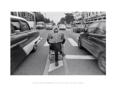 Reynier Leyva Novo, Blank Check, About how to empty the mind (To read the national newspaper while sitting in the corner of 23rd and 12th streets), 2020-2023, 35 mm film photograph, archival print on Hahnemuhle photo rag Baryta paper, 18x22 inches unframed. Edition of 3. Courtesy of the artist and Lisa Sette Gallery
