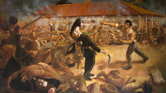 «La Batalla de San Jacinto» o «La pedrada de Andrés Castro», cuadro de Luis Vergara Ahumada (1917-1987) que muestra la célebre escena de Andrés Castro derribando a un invasor filibustero con una pedrada durante la Batalla de San Jacinto