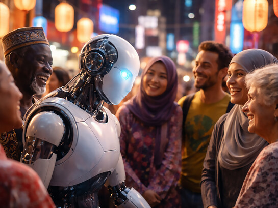 A moment of interaction between artificial intelligence and diverse communities, reflecting how technology is beginning to engage with culture, context, and human connection across borders