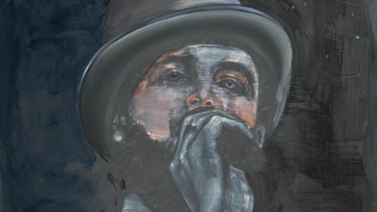 Ena Swansea, master of ceremonies, 2014, oil on graphite on canvas, 48 x 60 inches, 121.9 x 152.4 cm. Courtesy of Friedman Benda and the artist. Photography by: Christopher Burke Studio.