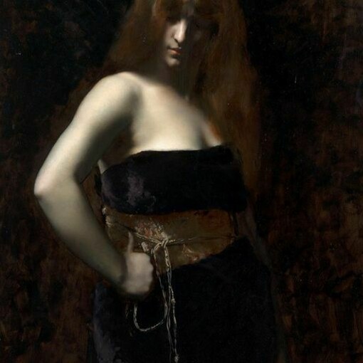 Juana Romani, Judith, olio su pannello, Londra, Collezione privata, (1890). I punti di forza della sua arte sono la padronanza del colore e la maestria nel disegno, molto spesso dipingendo direttamente sulla tavola o sulla tela senza disegno preparatorio