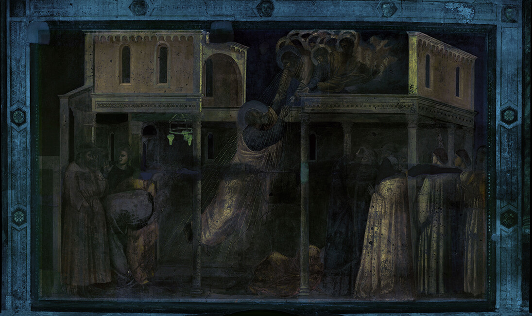 Firenze. Santa Croce, cappella Peruzzi. Giotto,
Ascensione di san Giovanni Evangelista
Documentazione fotografica a luce visibile e della fluorescenza da ultravioletti del ciclo pittorico di Giotto: Art Imaging di  Annette Keller 

