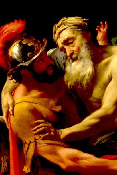 La potente imagen del «Pío Eneas», como lo bautiza Virgilio, cargando con su padre al huir de Ilión