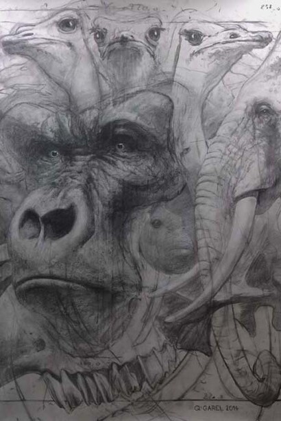 Quentin Garel, Palimpseste IX (Gorille), 2014, Charcoal on Paper, 79" x 59"