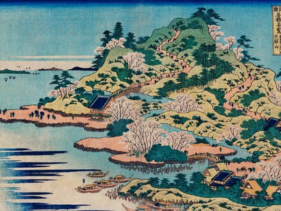 Sesshu Ajigawaguchi Tenposan by Katsushika Hokusai (1760-1849) a traditional Japanese Ukyio-e style illustration of a coastal community with shrines and pilgrims entering into the island