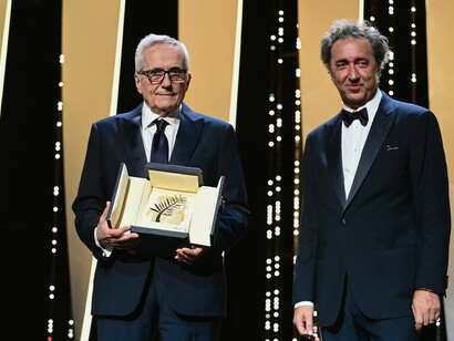 Marco Bellocchio con la Palma d’Oro Onoraria insieme al regista Paolo Sorrentino 