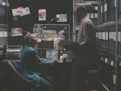 The clandestine world of private detectives as they analyze surveillance photos on a laptop in a dimly lit room, unraveling mysteries with precision and intrigue