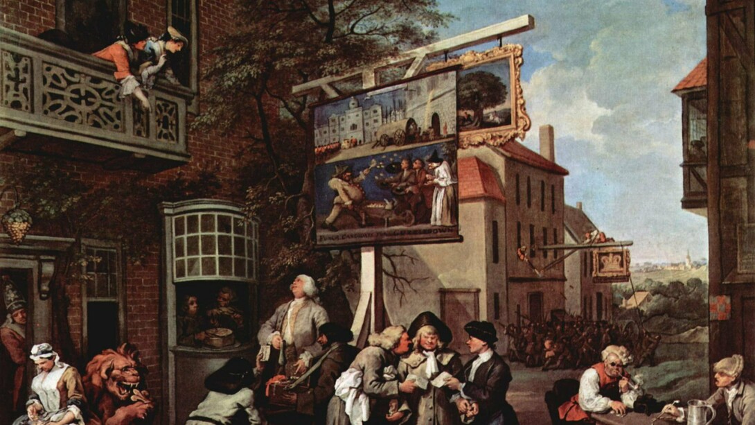 "Buscando votos", óleo sobre lienzo, William Hogarth, 1754-1755