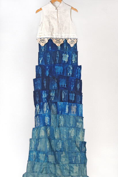 Monica Chulewicz, I'm Not Here For You To Taunt, 2016, Cyanotype on found fabrice, vintage dress, 90 x 25 x 2 inches. Courtesy of Dedalus Foundation