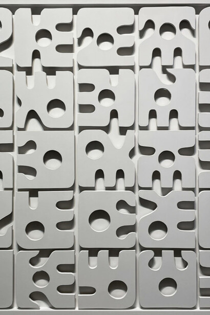Esteban Patino, Possible Structure For A New Language #29 (White Alphabet) (detail), acrylic on wood, 48 by 48 by 3 inches. Courtesy of the artist and Spalding Nix Fine Art