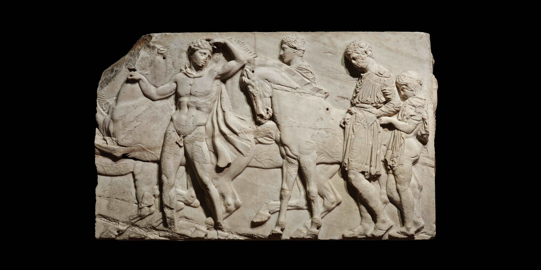 Unmounted youths preparing for the cavalcade, block from the north frieze of the Parthenon,about438–432 BC, Marble, © The Trustees of the British Museum