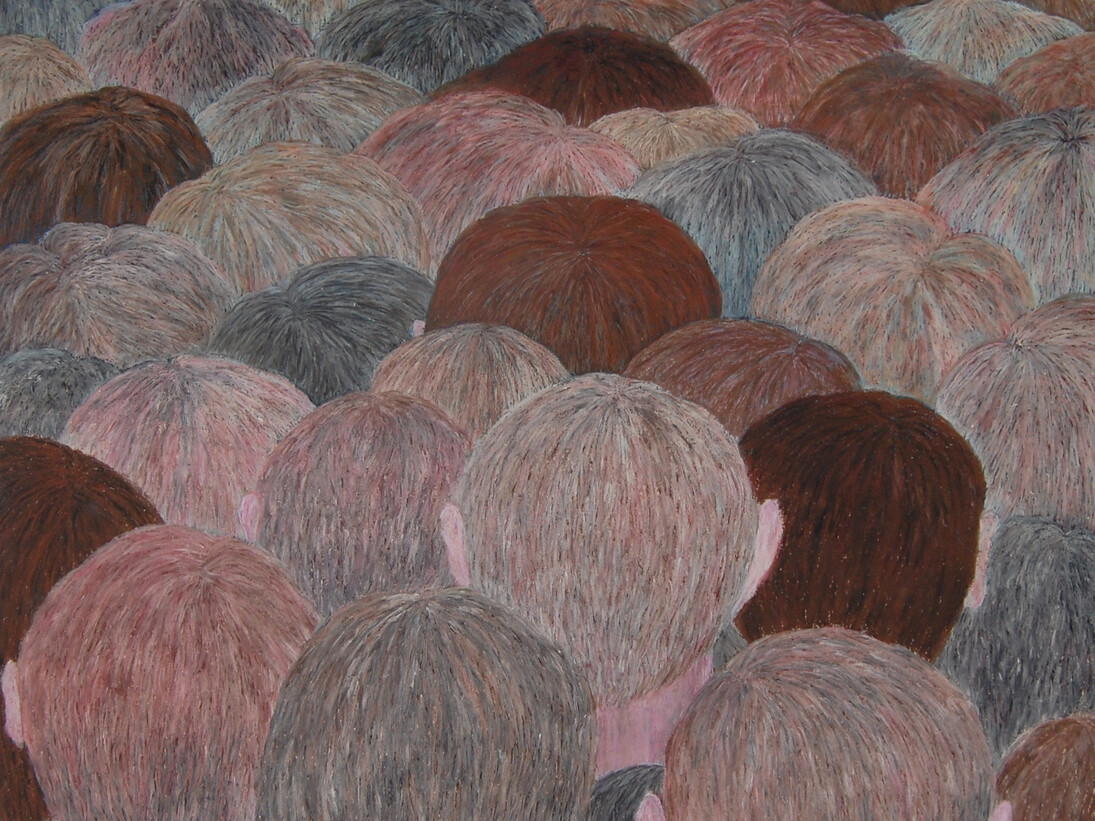 Robyn O’Neil, Crowd Scene I, 2014, graphite and oil pastel/paper, 14 1/2 x 12 1/4 in. Courtesy: Susan Inglett Gallery, NYC.