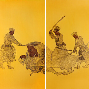 Muhammad Zeeshan, Sher III (2015) laser scoring and gouche on wasli, 55 x 37 in