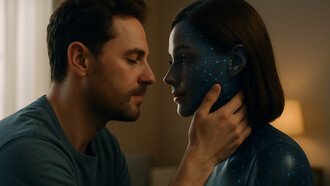 A man shares an intimate moment with his AI companion, blurring the line between human emotion and digital connection