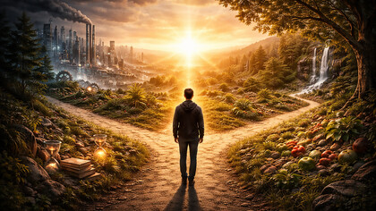 A solitary figure stands at a crossroads between industry, nature, and an open horizon, symbolizing the human search for direction between pleasure, power, and meaning