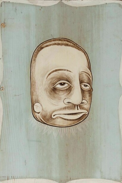 Barry McGee, Untitled, 1994, Mixed media on driftwood, 22 x 16 in. Collection of Mariallidia Marcotulli, Image courtesy the artist and Ratio 3, San Francisco