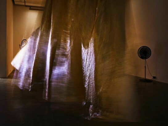 Céline Condorelli, Additionals, 2013. Structure for Communication with Wind, 2012 - 2013, metallised space blanket, curtain tape. 3300 x 400cm. Image courtesy of Project Arts Centre, Dublin