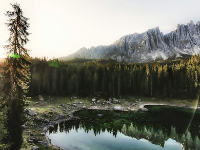 A breathtaking scene unfolds as mountains and trees mirror their majesty in the tranquil lake's reflection