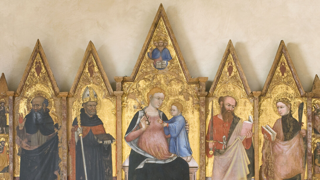 Ottaviano Nelli, Madonna con Bambino, Trinita', santi, Cherubini. 1403. Tempera su tavola