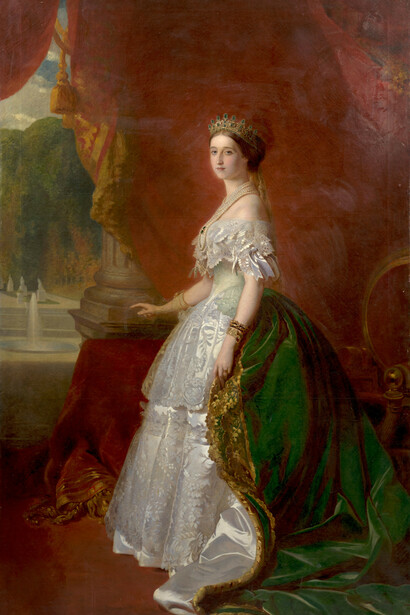 École française de la fin du XIXe siècle, Atelier de Franz-Xaver Winterhalter, Portrait en pied de l’Empereur Napoléon III en petit uniforme de général de division et Portrait en pied de l’Impératrice Eugénie, Paire d’huiles sur toiles. Avec la courtoisie de Artcurial