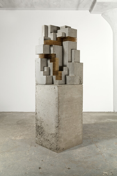 Carol Bove, ‘Hysteron Proteron’ (2014), Brass, concrete, 210.8 x 59.7 x 59.7 cm, Courtesy the Artist, Maccarone, New York and David Zwirner, New York/London