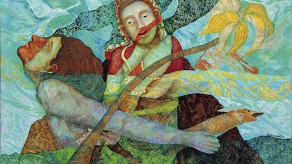 Agostino De Romanis. In braccio alla divinità, 2002, olio su carta rintelata, cm. 60x80 