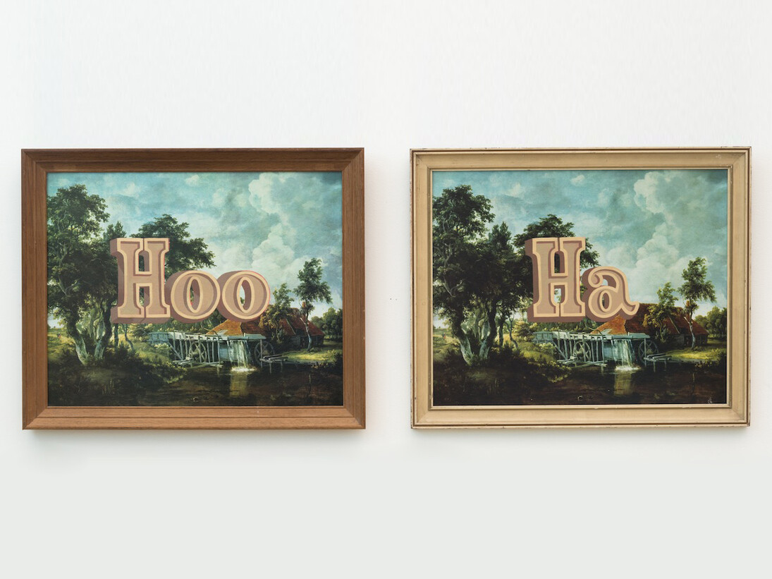 Wayne White, Hoo Ha, 2014, Acrylic on offset lithographs, 18.5 x 45 inches (18.5 x 22.5 inches each panel)