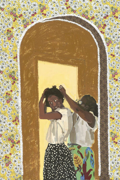 Nimah Gobir,
Kensington (detail),
2023.
Oil and embroidery thread on canvas,
24" x 31". Courtesy of the artist and Johansson Projects