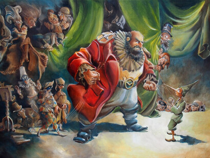 Paolo Mottura, Mangiafuoco sgrida Pinocchio davanti ai burattini ammutoliti, olio su tela, per Pinocchio, Edizioni NPE, 2021. Courtesy Lucio Sepe