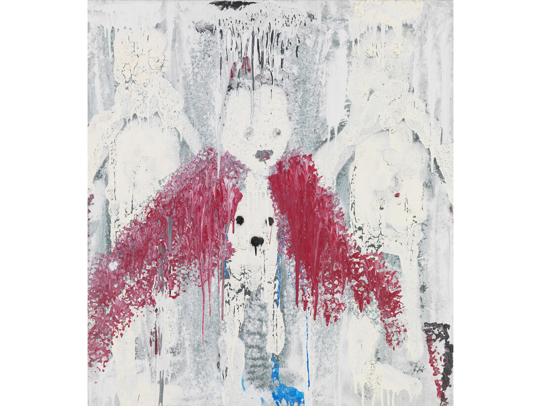 Harmony Korine, Frost Ball Jr High, 2014, House paint, acrylic, and oil on canvas, 43 3/4 x 39 3/4 inches, 111.1 x 101 cm.© Harmony Korine. Courtesy Gagosian Gallery. Photography by Robert McKeever