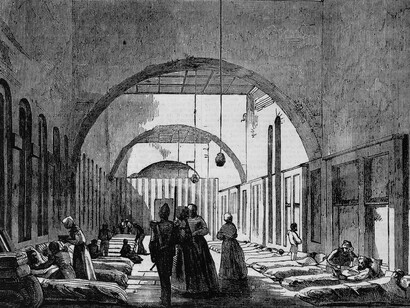 Guerra de Crimea, Turquía: interior del hospital de Scutari. Grabado en madera