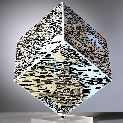 Emilio Isgrò, Mappamondo, 2008, scultura in legno, 32 x 32 x 32 cm