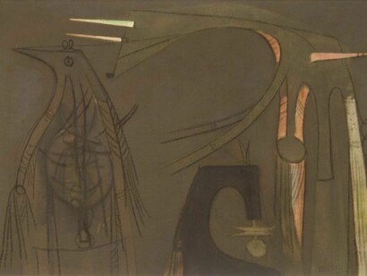 Wifredo Lam ( Cuba 1902-1982), Deux personnages et un oiseau, 1957, Oil on canvas, 25 5/8 x 39 3/8 In. 65 x 100 Cm. Signed and dated lower right.
