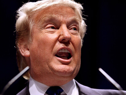 Close up of Donald Trump speaking at a press conference