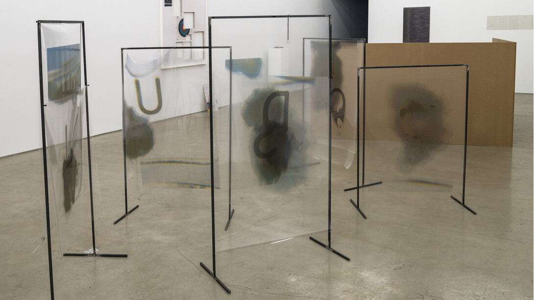 Fia Backström, An-alpha/pet-isms... 2014, Ink-jet print on vinyl film, steel, and industrial screws, In 5 parts: 60 x 36 inches; 54 x 36 inches; 48 x 36 inches, Courtesy of the artist and Lisa Cooley, Photography by Cary Whittier 
