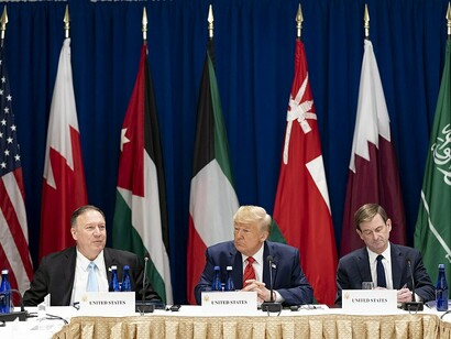 President Donald J. Trump, with Secretary of State Mike Pompeo (left), attended a key regional coordination meeting on the Middle East Strategic Alliance on Tuesday, September 24, 2019, at the Lotte New York Palace in New York City, USA