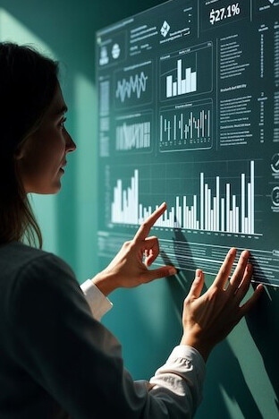 Individual displaying data and statistics using digital screens and wall displays